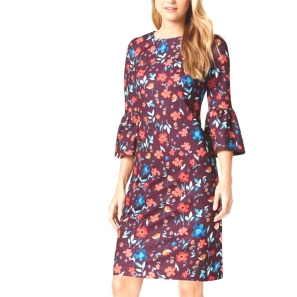 Calvin Klein Floral Sheath‎ Dress Womens 6 Purple Bell Sleeve Knee Length
